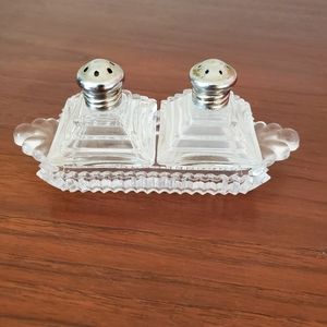 Art deco glass salt + pepper shakers w/tray